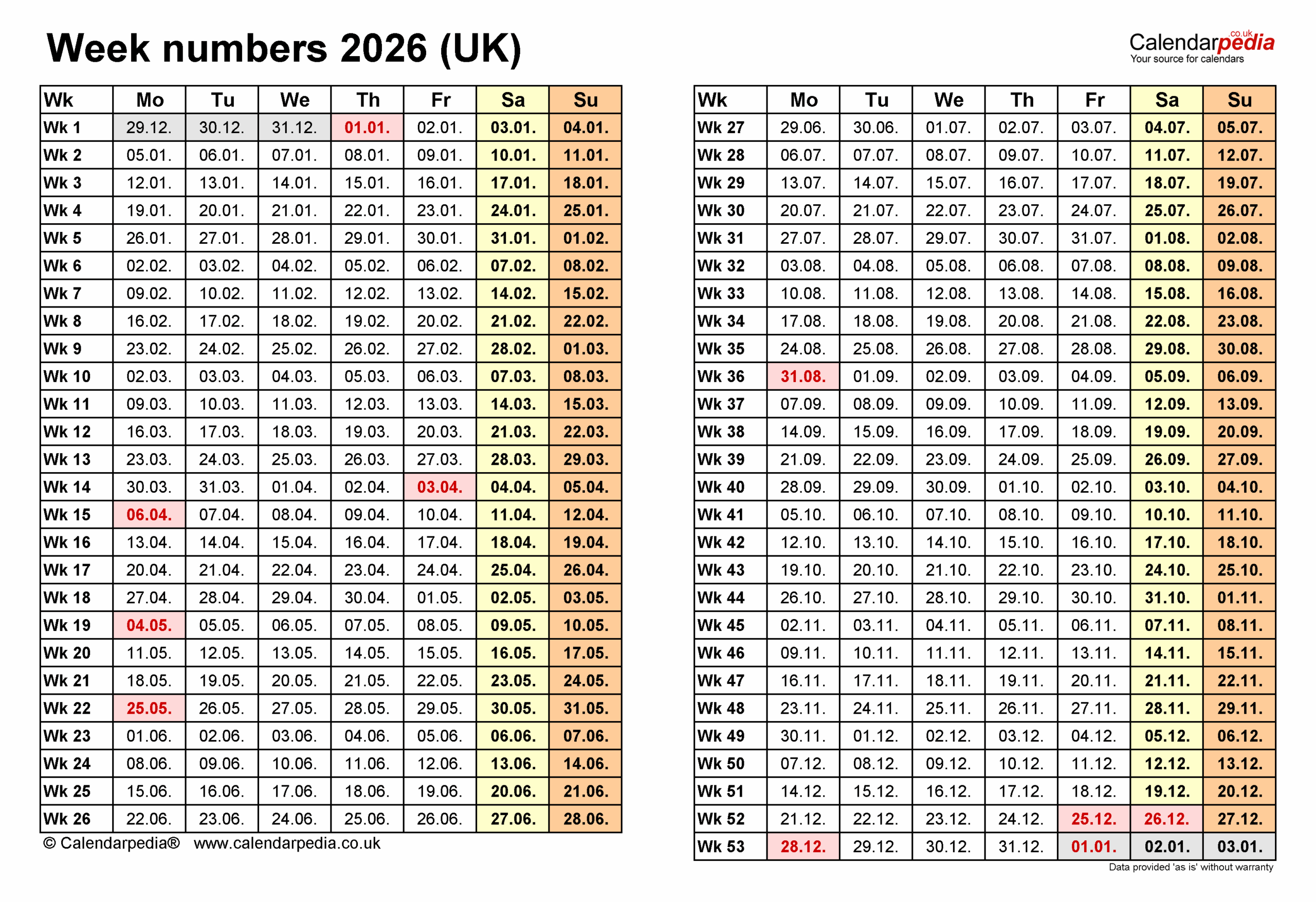 Printable Calendar 2026 Week Start Monday