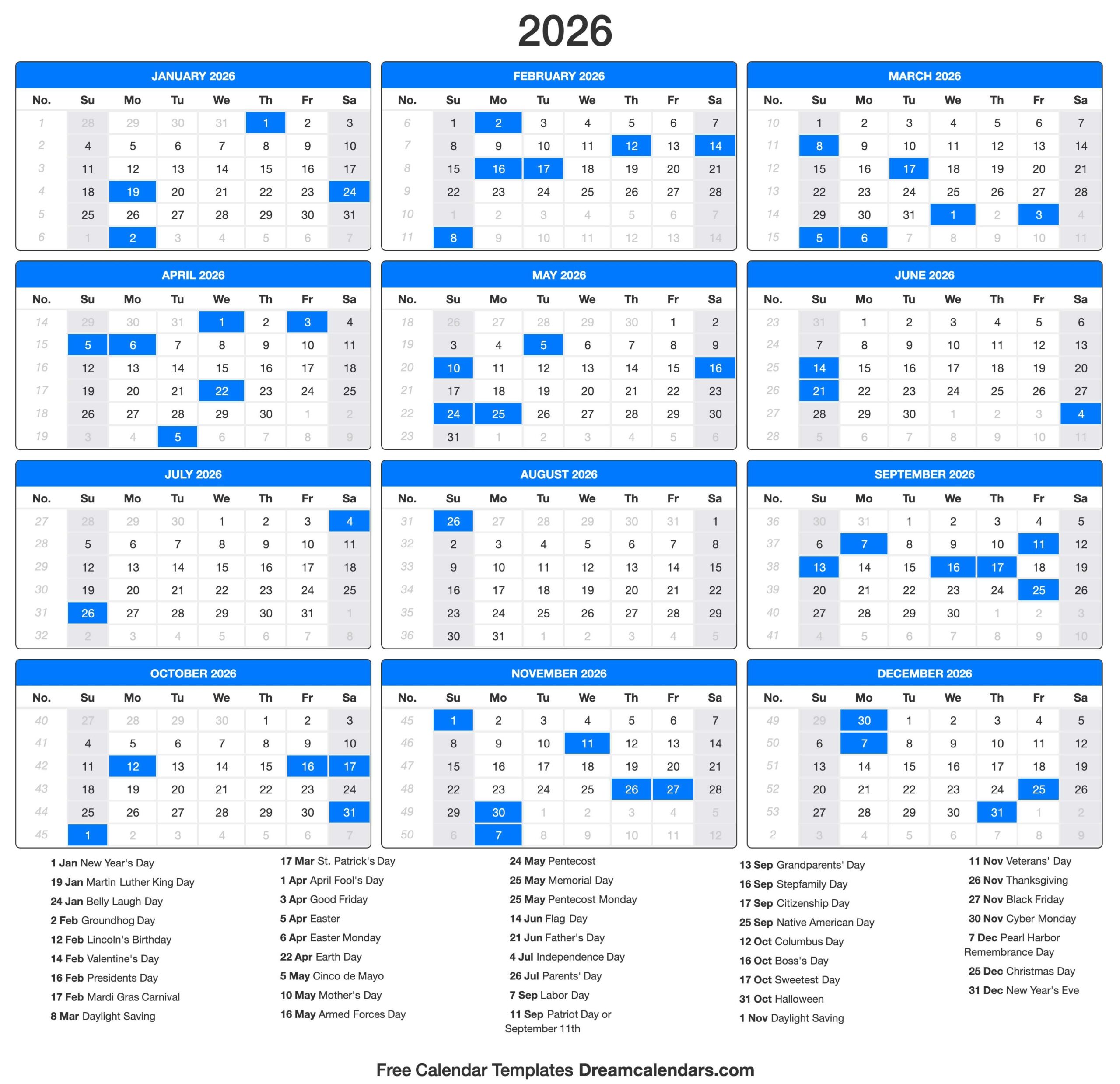 Printable Calendar 2026 With Week Numbers