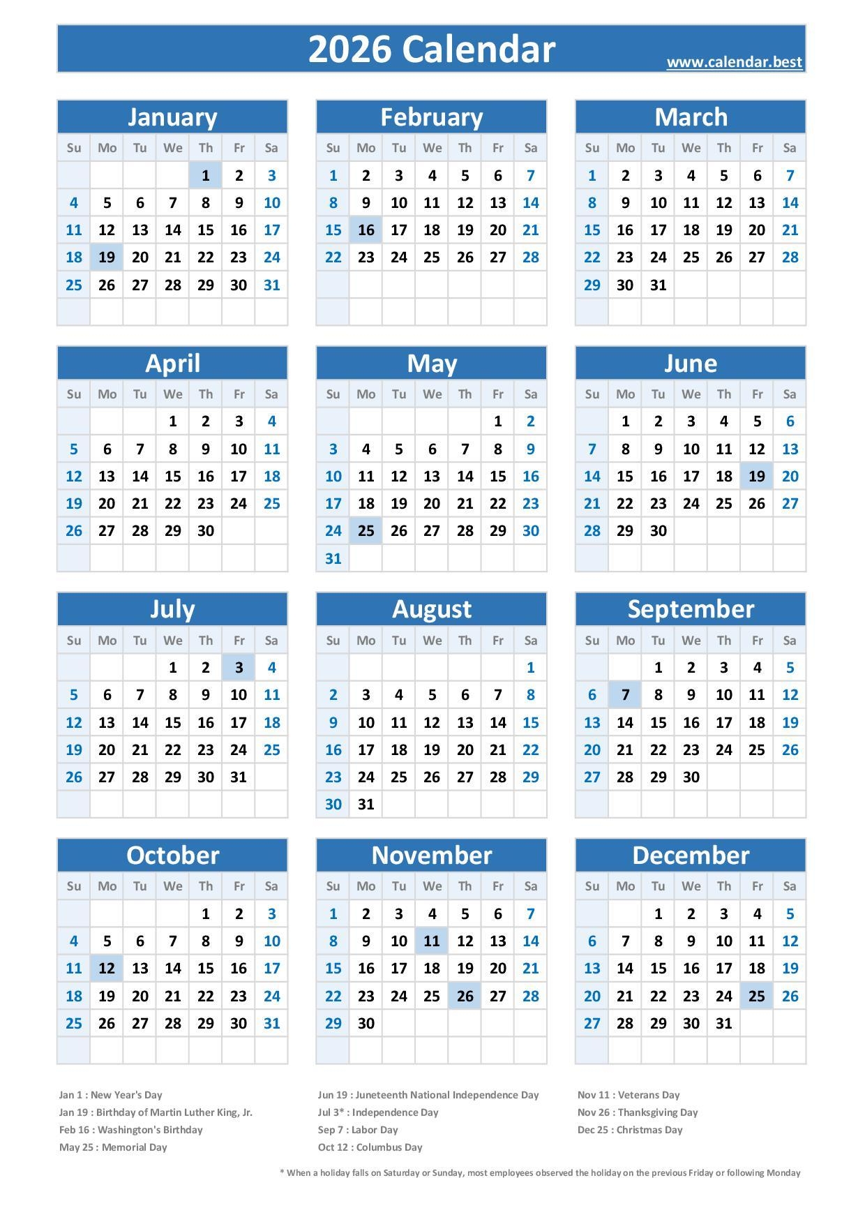 2026 Federal Calendar Printable