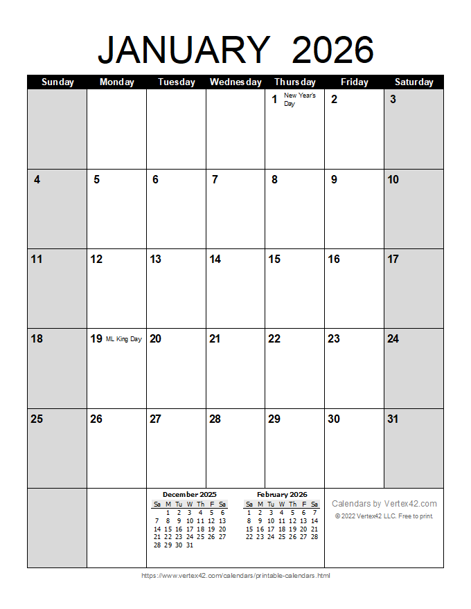 2026 3 Month Printable Calendar