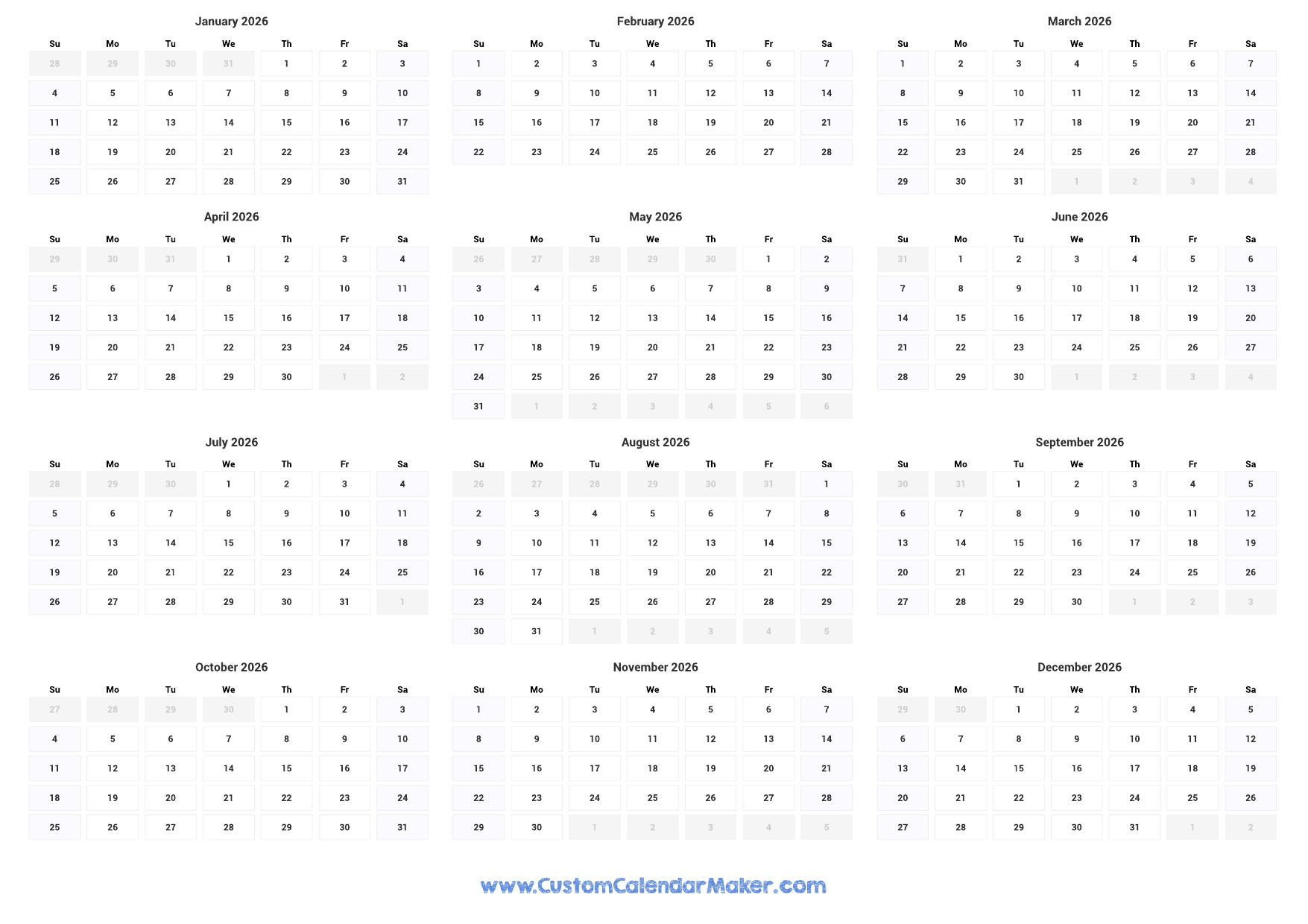 2026 One Page Calendar Landscape