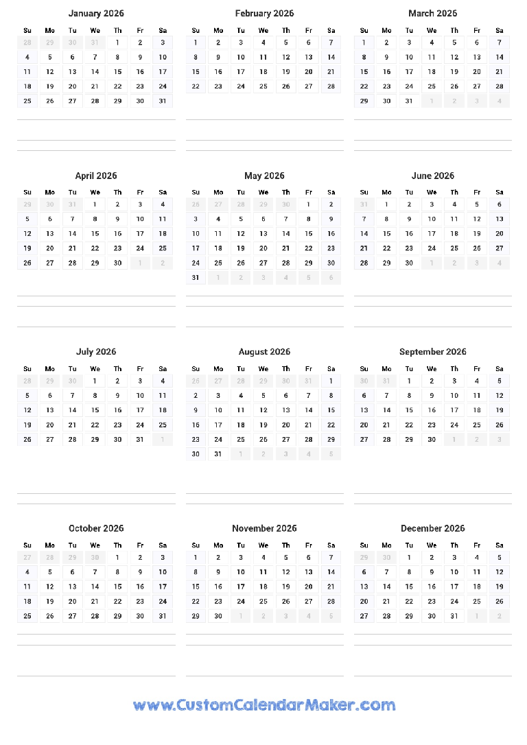 2026 Portrait Calendar 12 Month Vertical Calendar