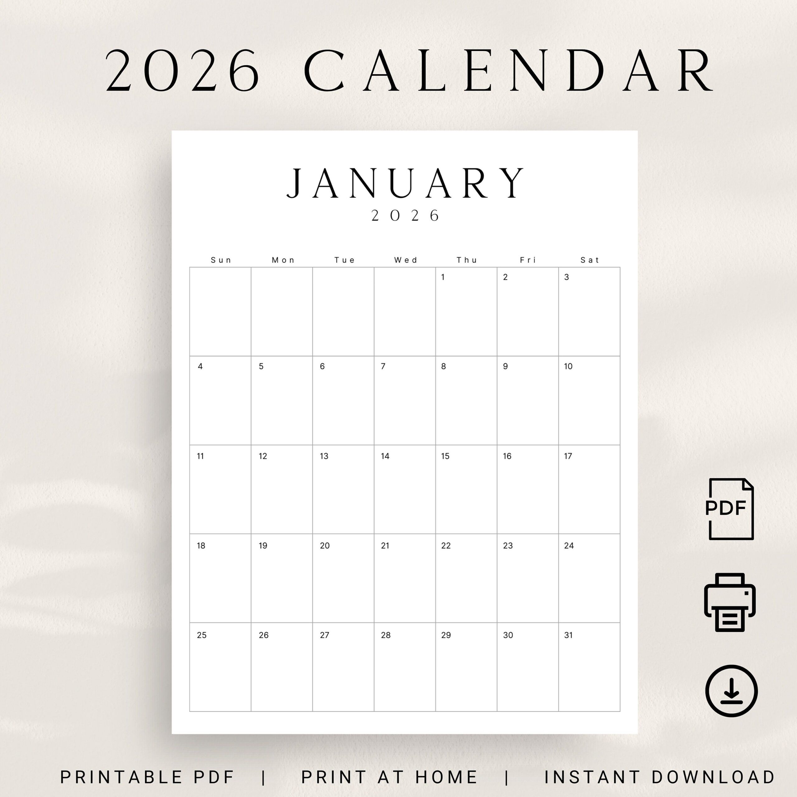2026 Printable Calendar 2026 Planner Vertical Calendar Portrait LUXE
