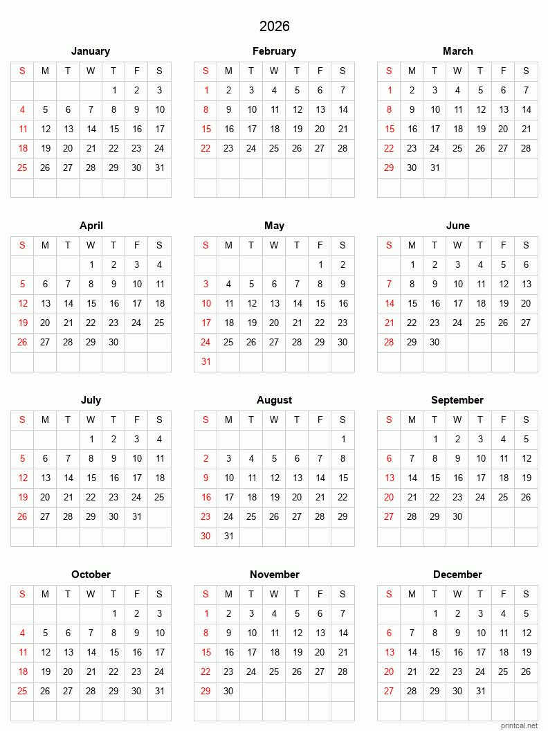 2026 Printable Calendar Full Year Calendar Grid Style 