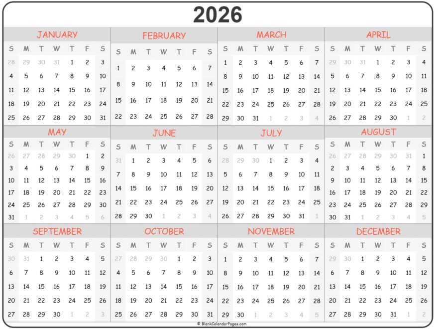 2026 Year Calendar Yearly Printable