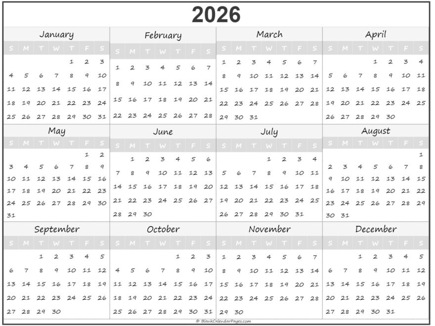 2026 Year Calendar Yearly Printable