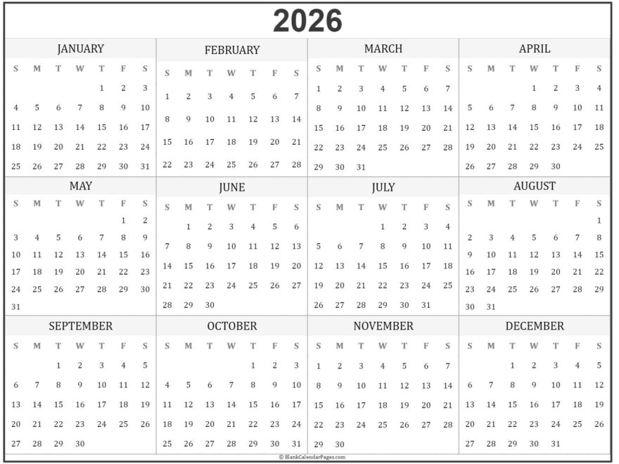 2026 Year Calendar Yearly Printable