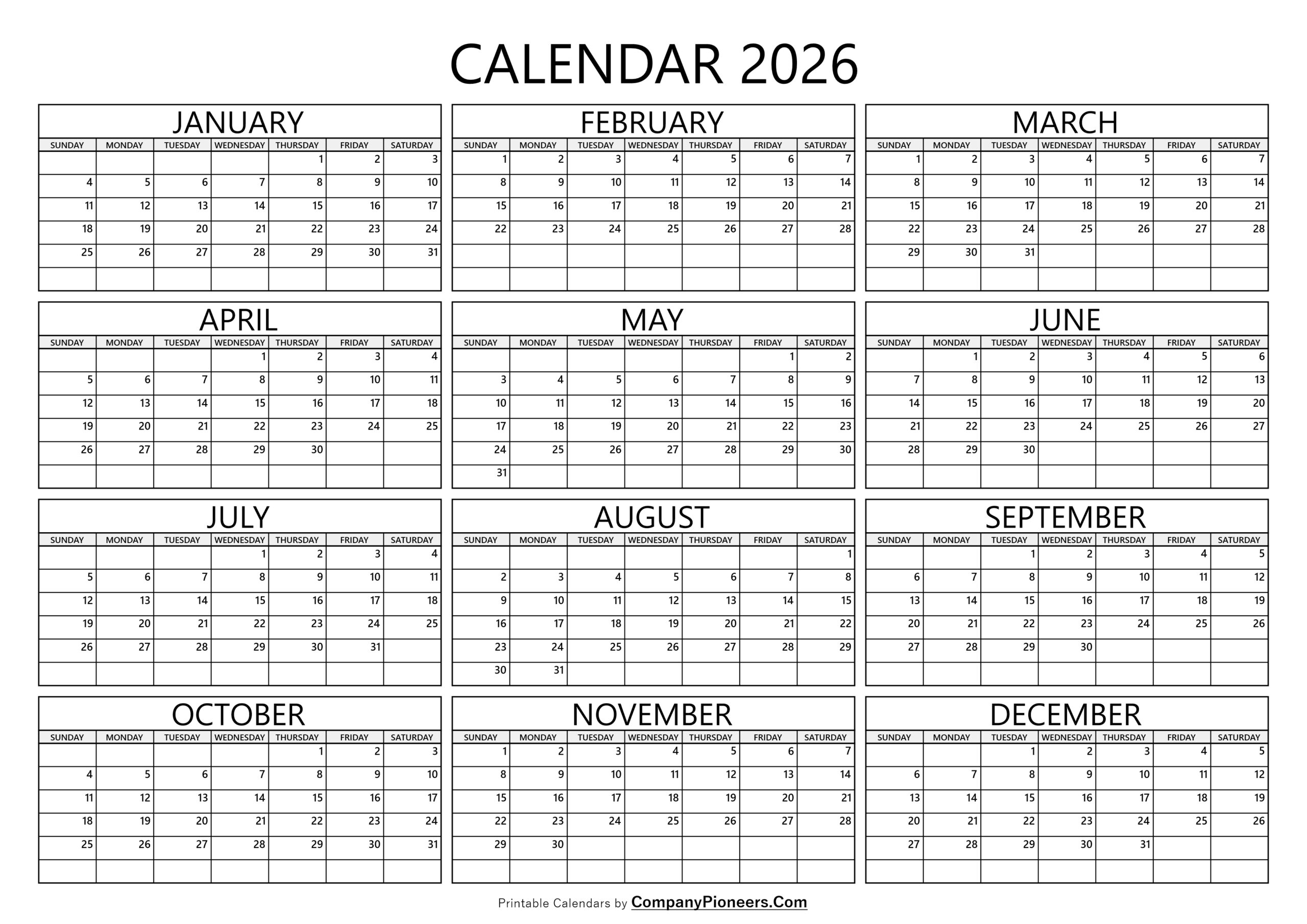 2026 Yearly Calendar Printable Portrait