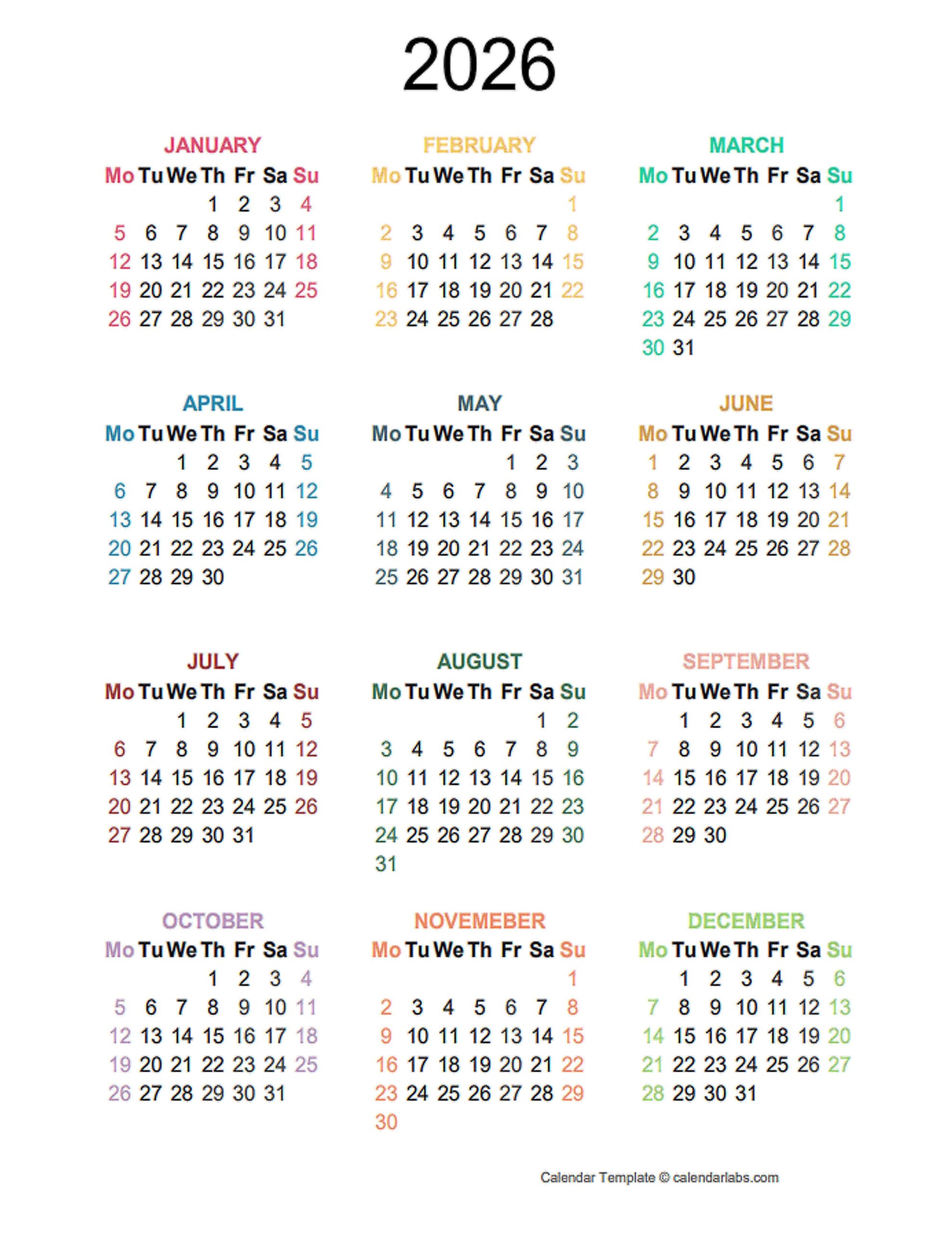 2026 Yearly Calendar With Holidays Printable