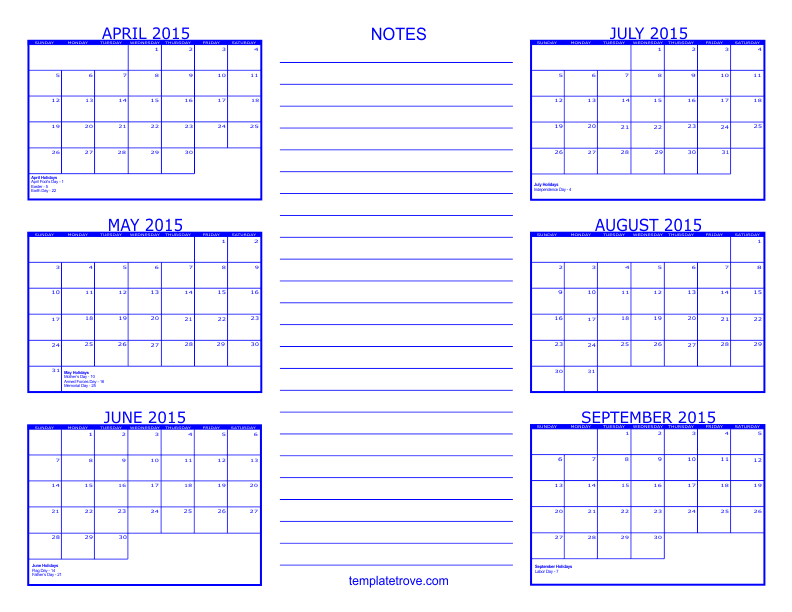 6 Month Calendar 2015