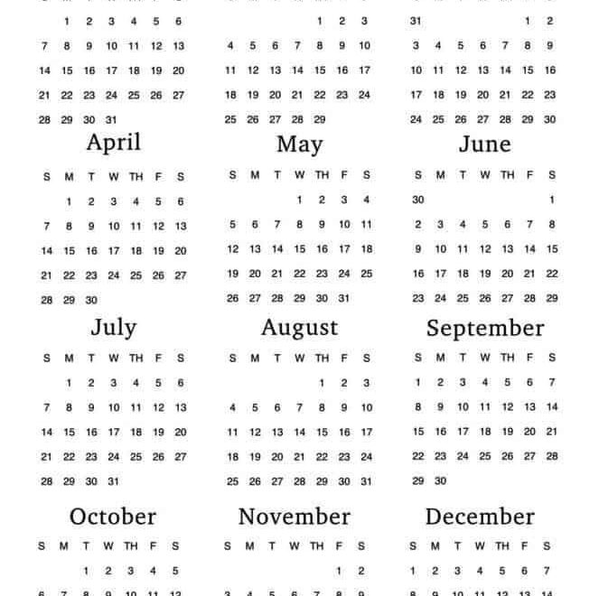 A Calendar With The Dates For Each Month In Black And White On A White