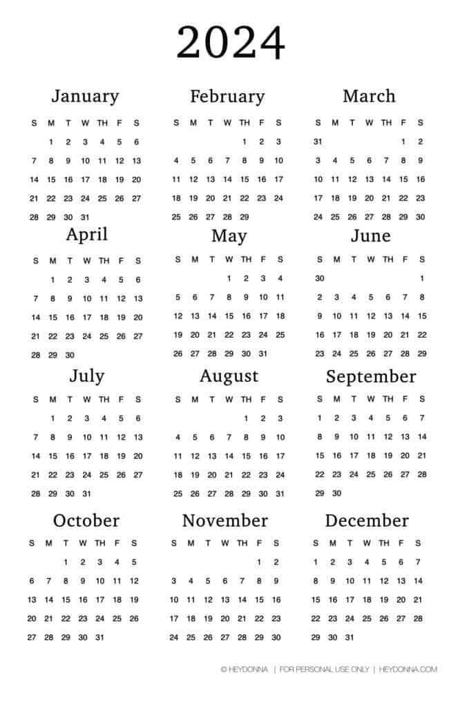 A Calendar With The Dates For Each Month In Black And White On A White