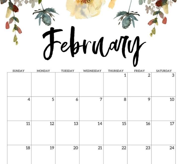 A Calendar With Watercolor Flowers On It And The Word February Written