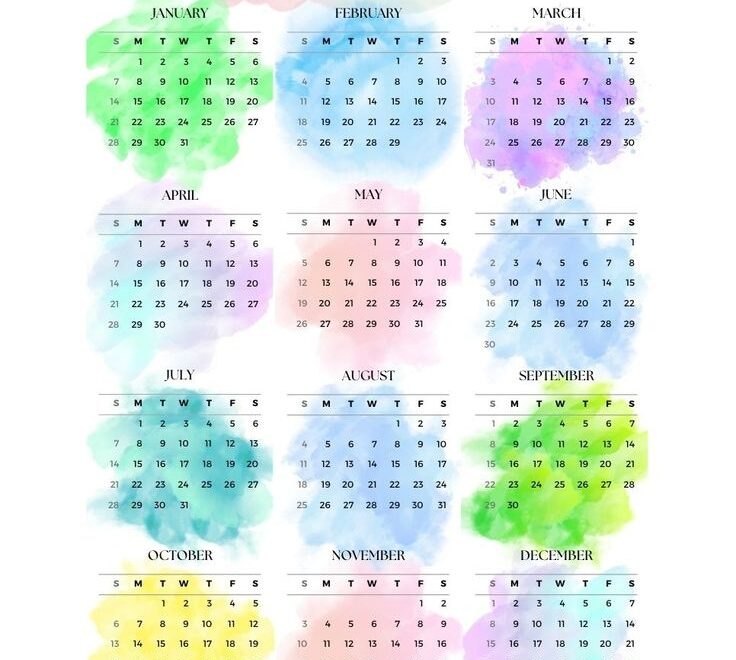 A Colorful Calendar With Watercolor Stains On It And The Date In Each