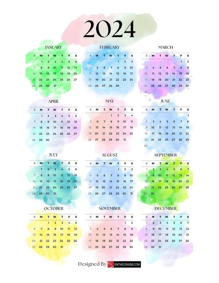 A Colorful Calendar With Watercolor Stains On It And The Date In Each