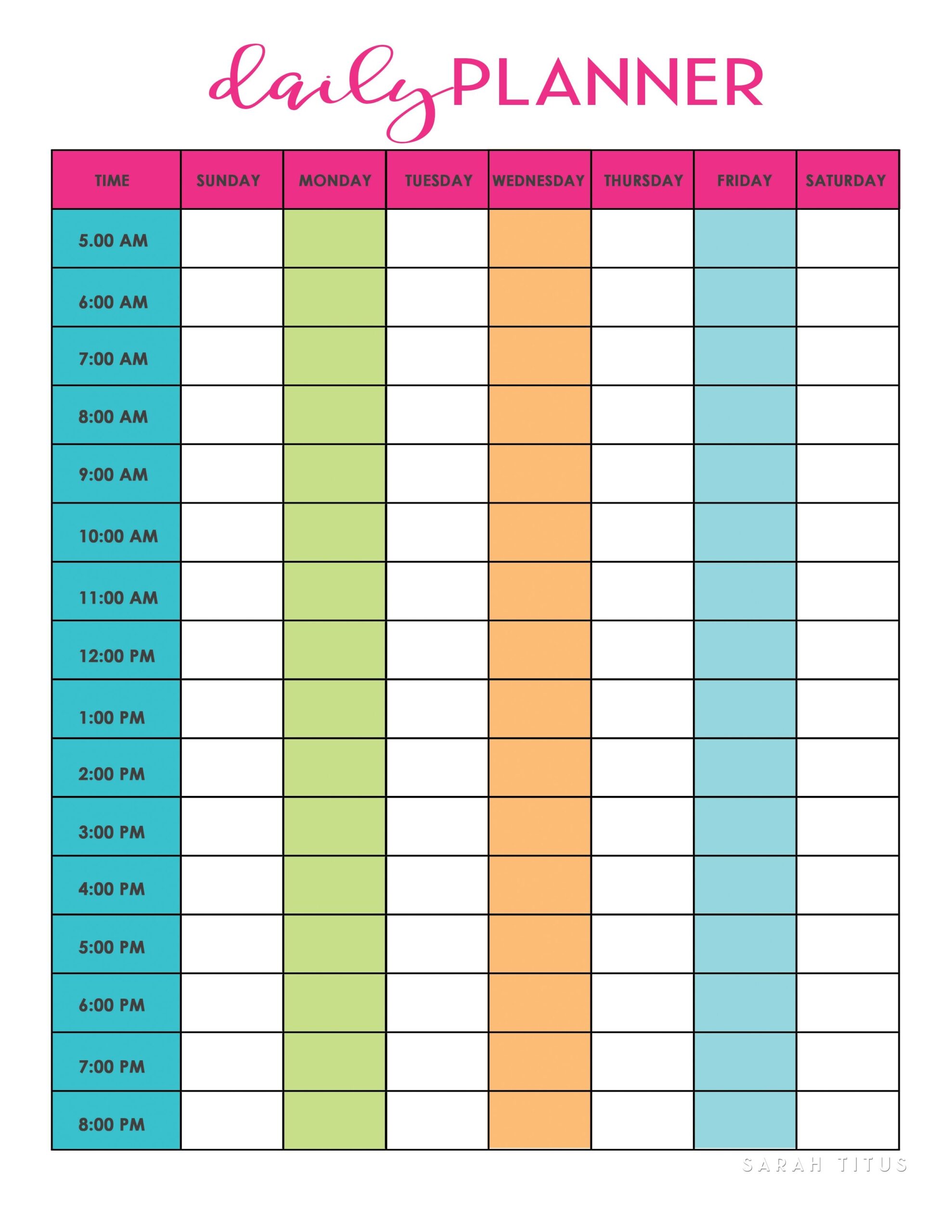 A Printable Daily Planner Is Shown In Pink Blue And Green With The