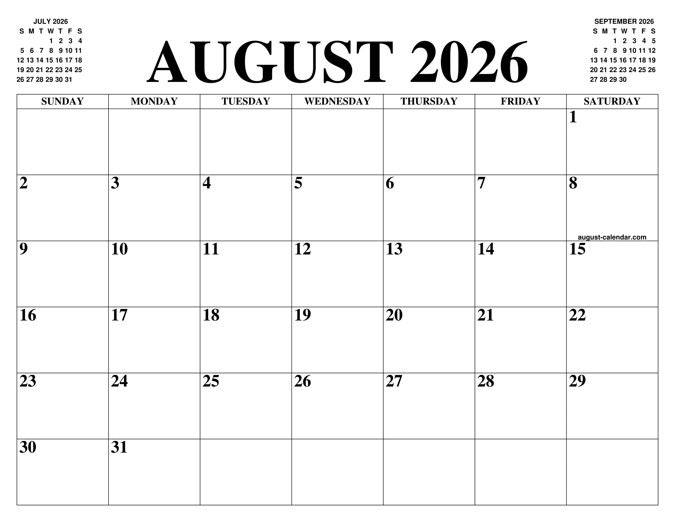 AUGUST 2026 CALENDAR OF THE MONTH FREE PRINTABLE AUGUST CALENDAR OF