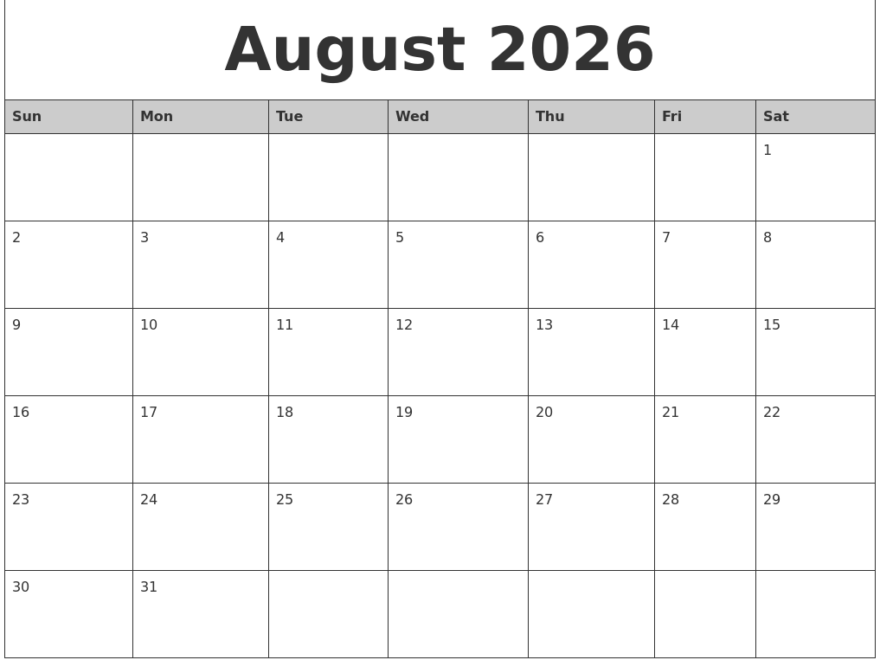 August 2026 Monthly Calendar Printable