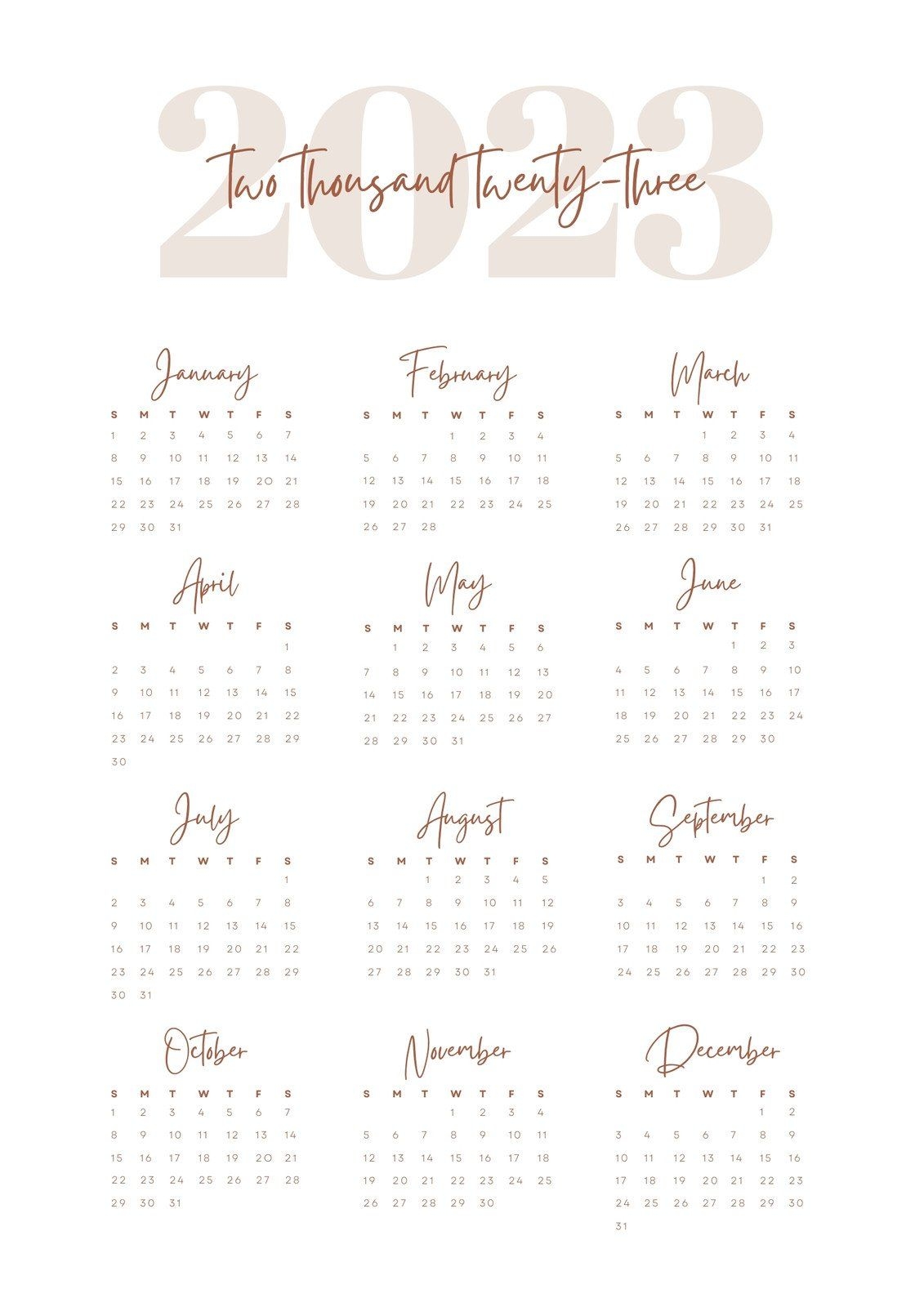 Beige Black Free Simple Minimalist Monthly Calendar 2023 Poster