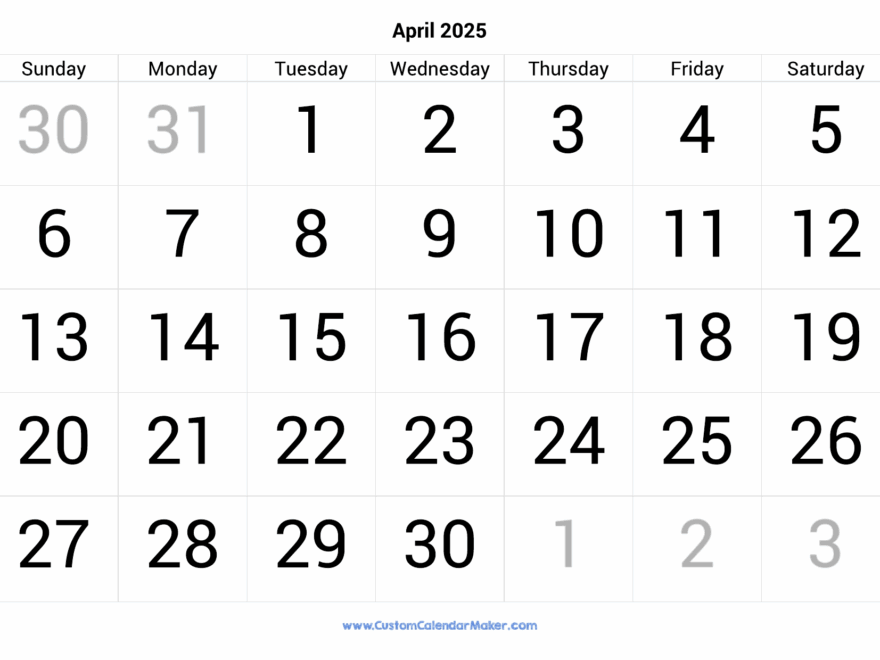 Big Number Calendar 2025 Printable Malik Miless