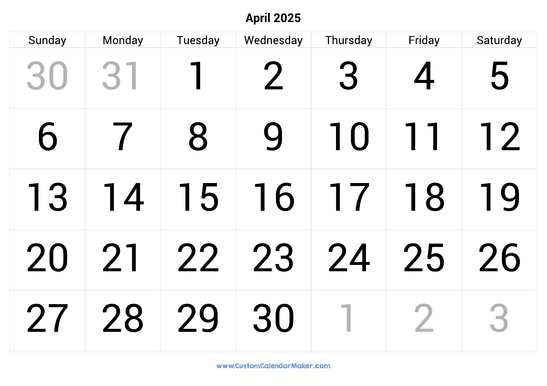 Big Number Calendar 2025 Printable Malik Miless