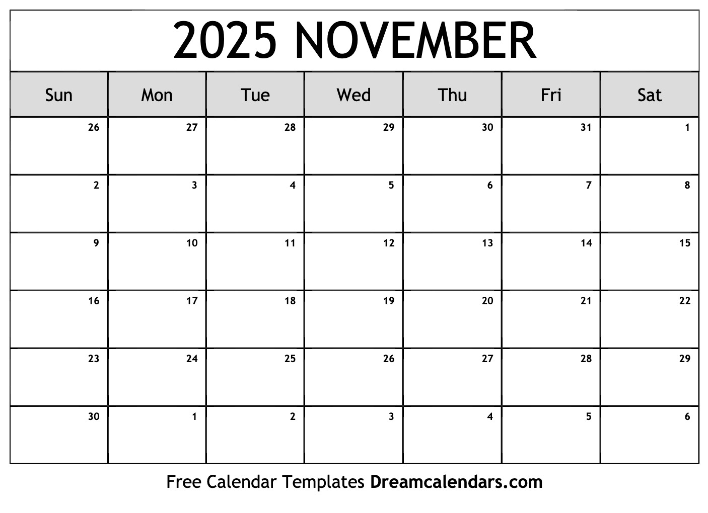 Printable November 2026 Calendar Free