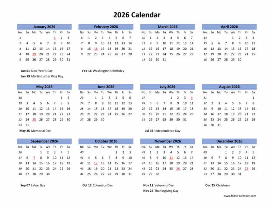 Blank Calendar 2026