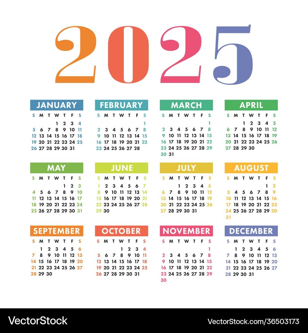 Calendar 2025 Year English Colorful Square Wall Vector Image On