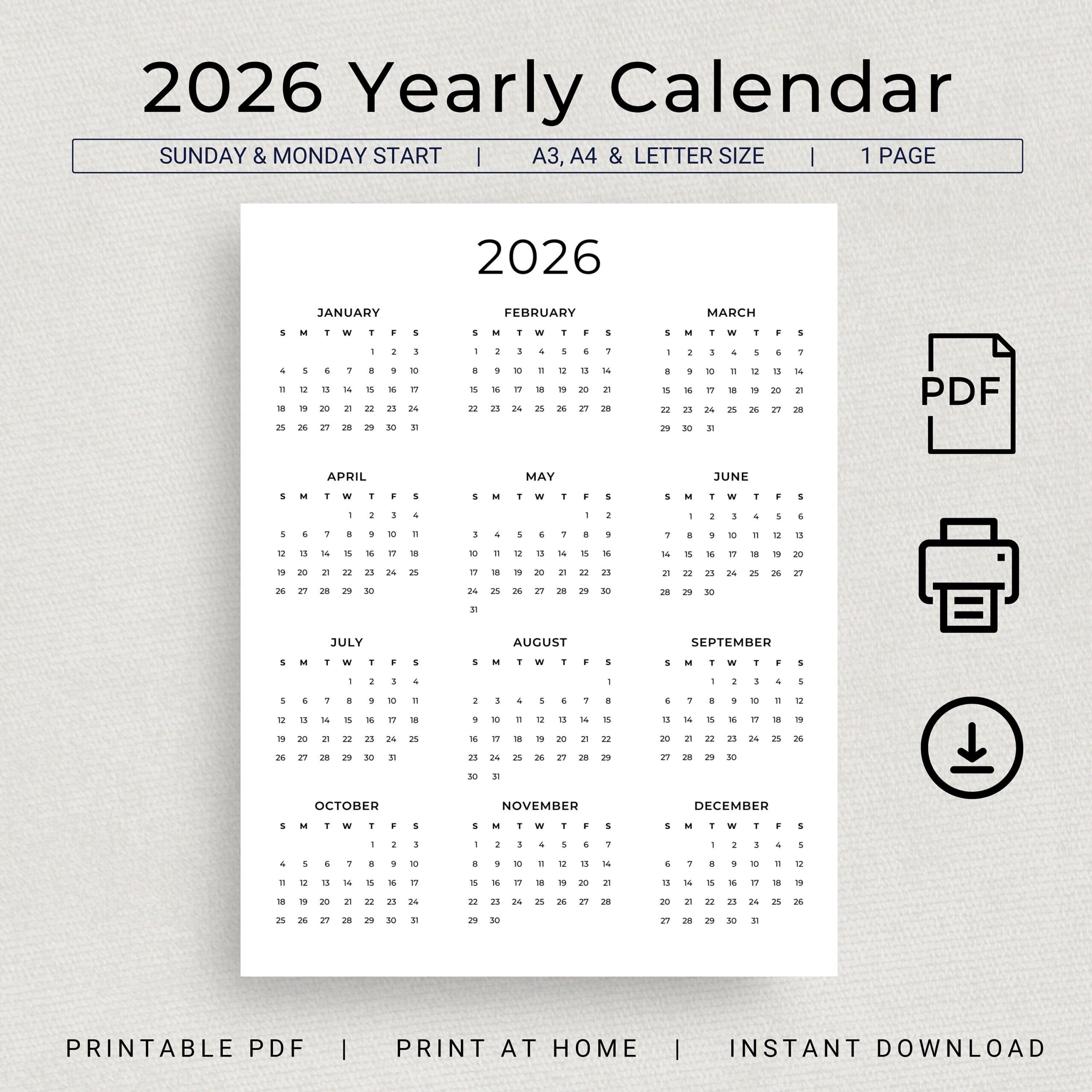 2026 Yearly Wall Calendar Printable