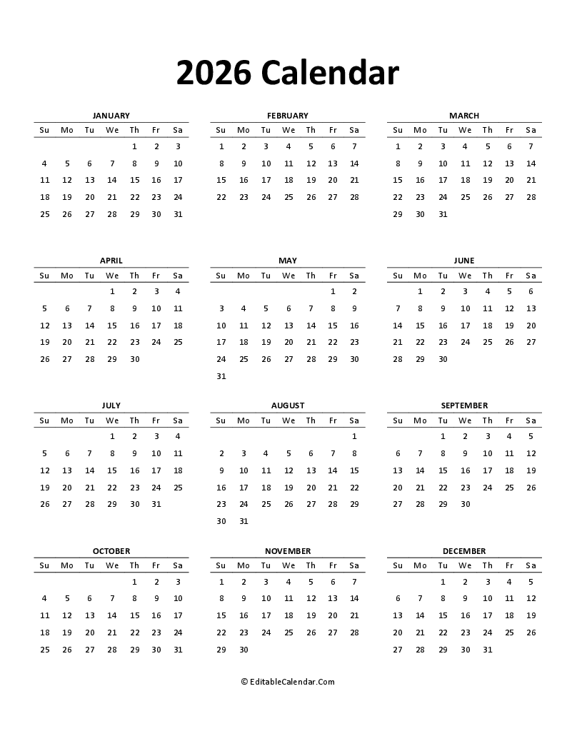 Calendar 2026 Printable Prntbl Concejomunicipaldechinu Gov Co