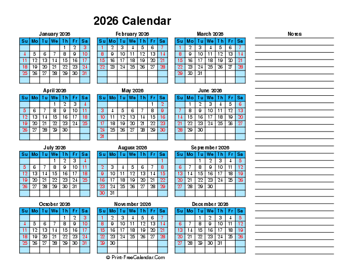 2026 Calendar Printable Sunday Start