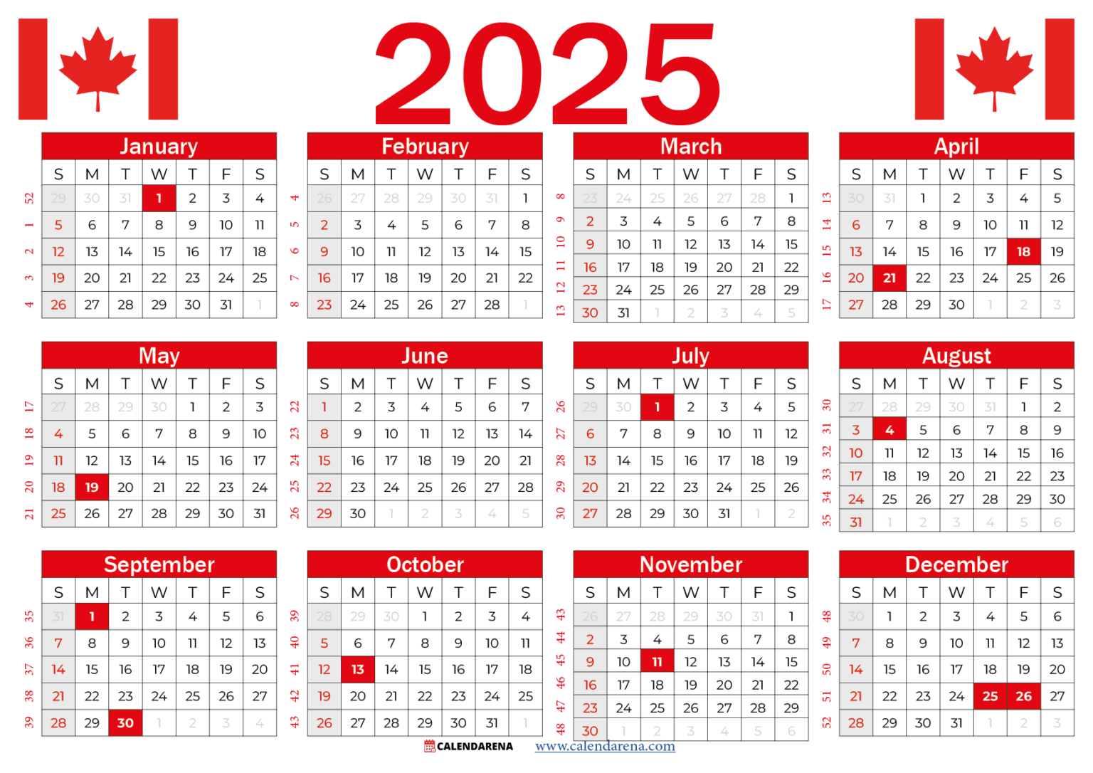 2026 Calendar Canada Free Printable