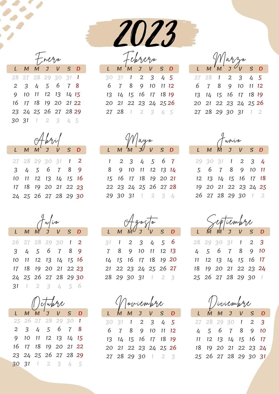 Calendario 2023 Anual Minimalista Marron Templates By Canva Bullet