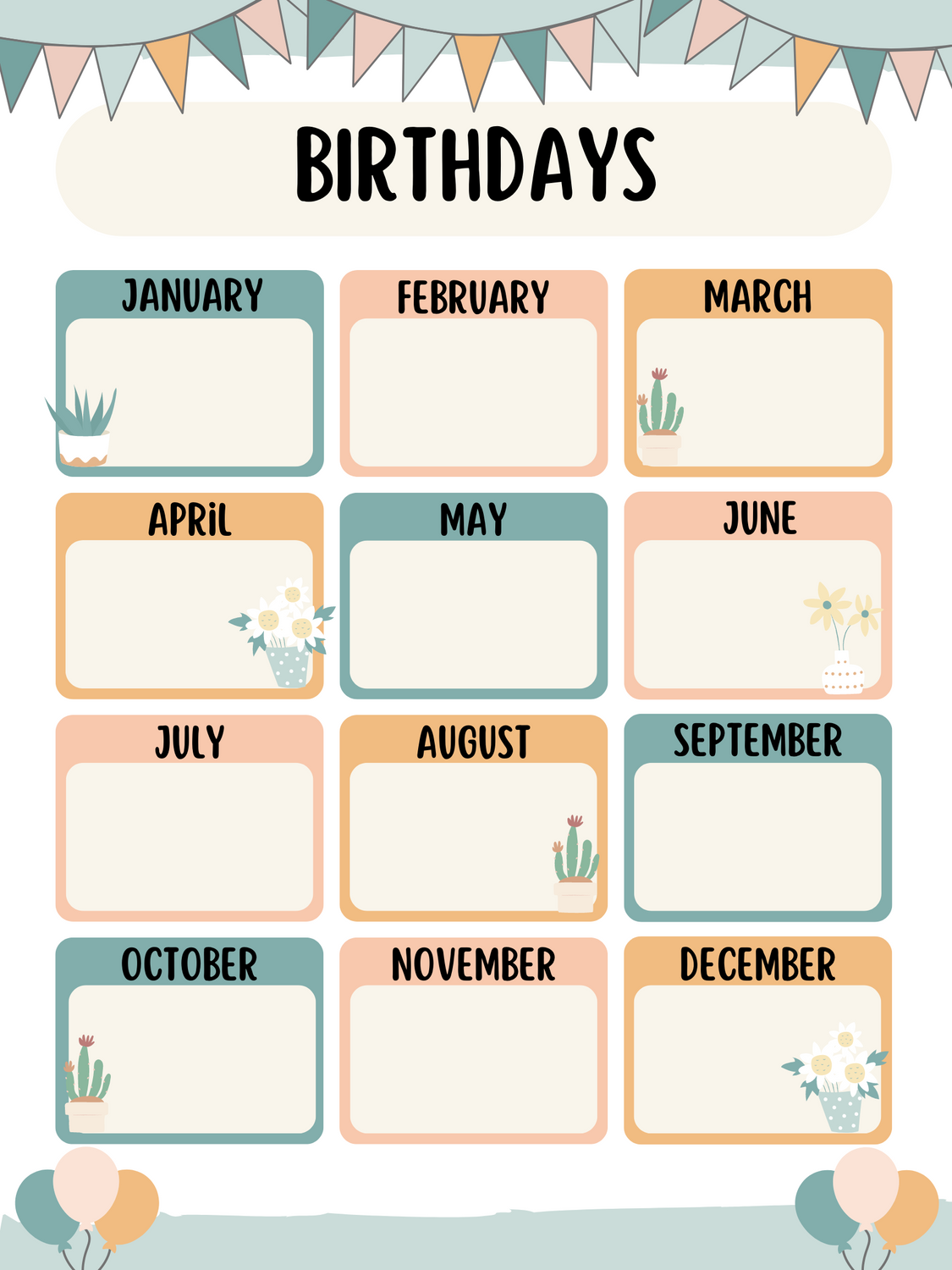 Classroom Birthday Calendar With Flowers And Buntings