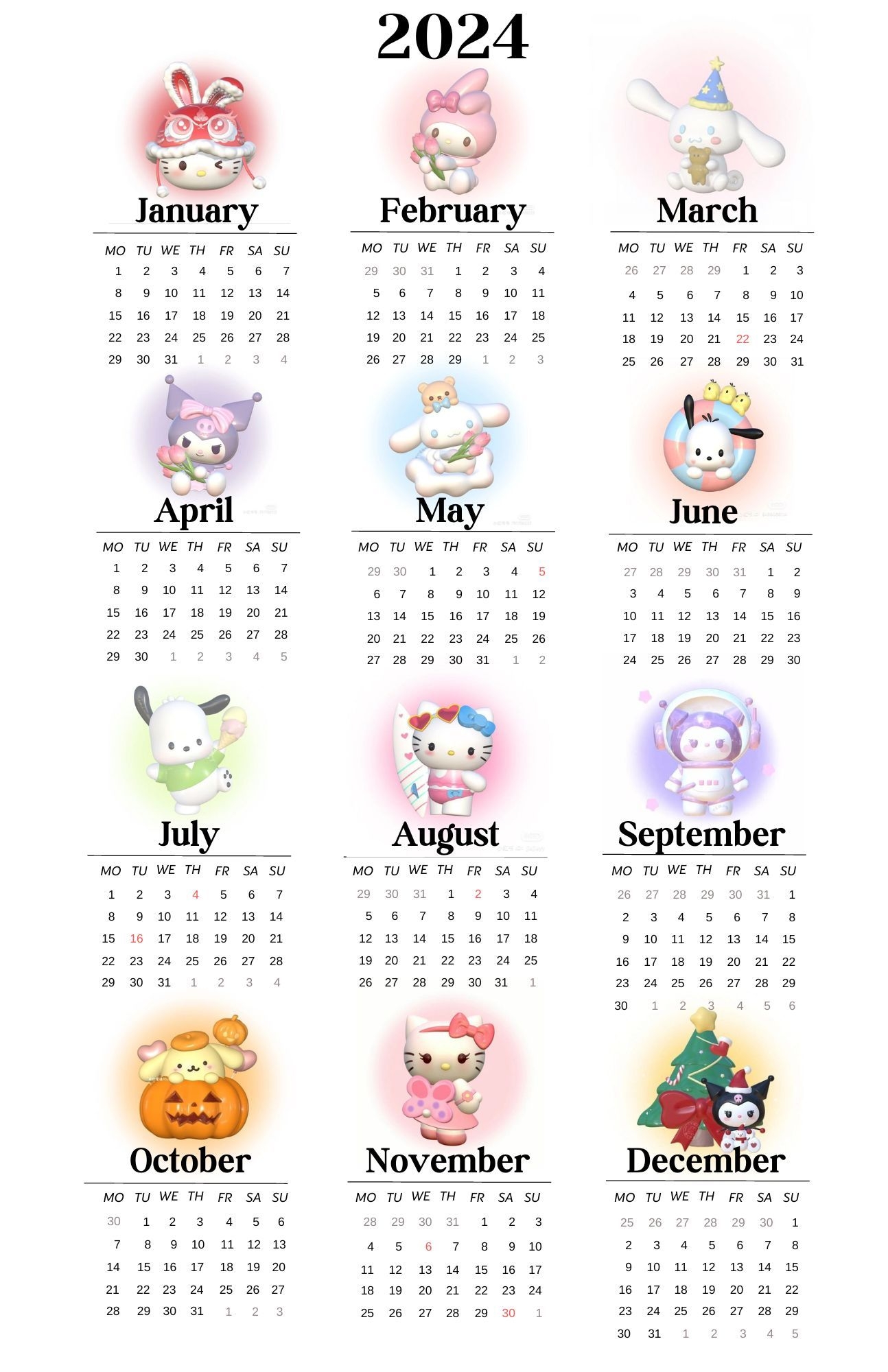 Cute Sanrio Yearly 2024 Calendar Poster In 2023 Hello Kitty Crafts