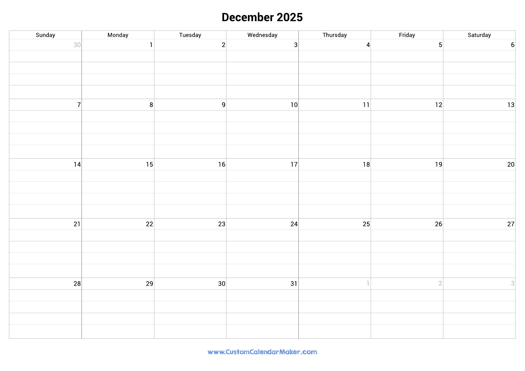 December 2025 Calendar With Lines Chloe Delcina