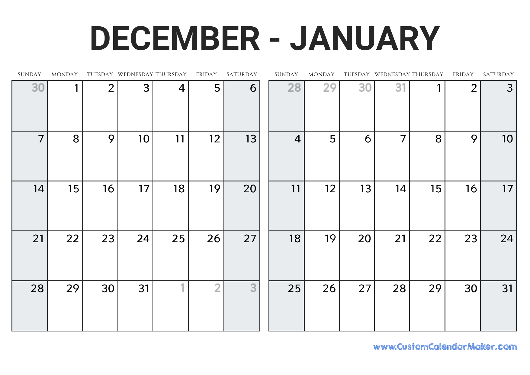 December 2025 January Calendar 2025 Dean E Blundell