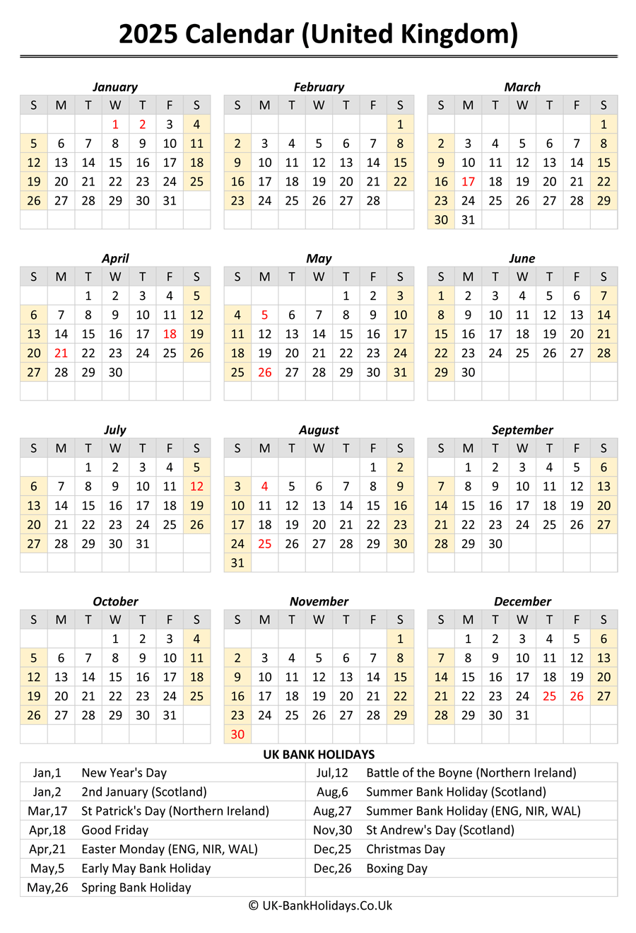 Download 2025 Uk Calendar Printable With Holidays Portrait Layout 