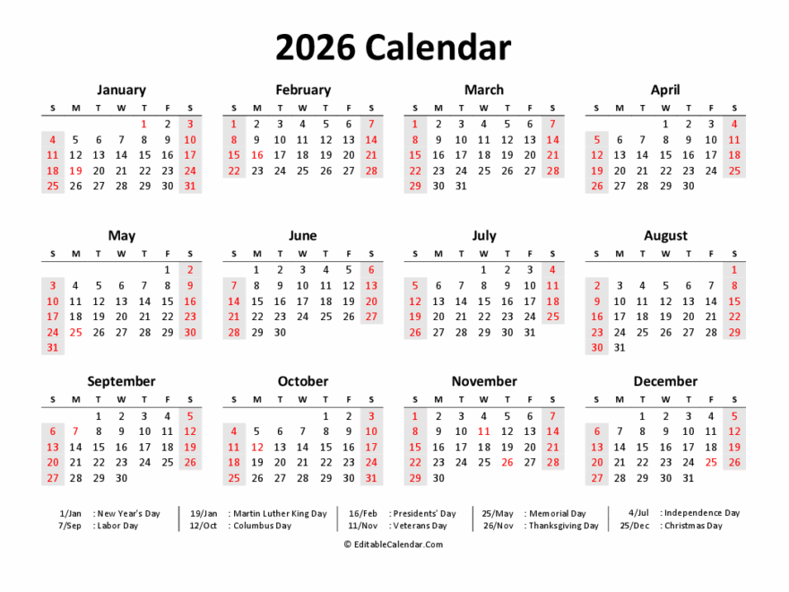 Download Printable 2026 Calendar Word PDF Version
