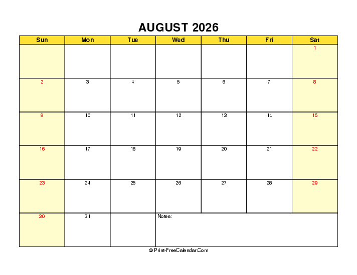 Download Yellow Printable 2026 August Calendar Sunday Start PDF Word