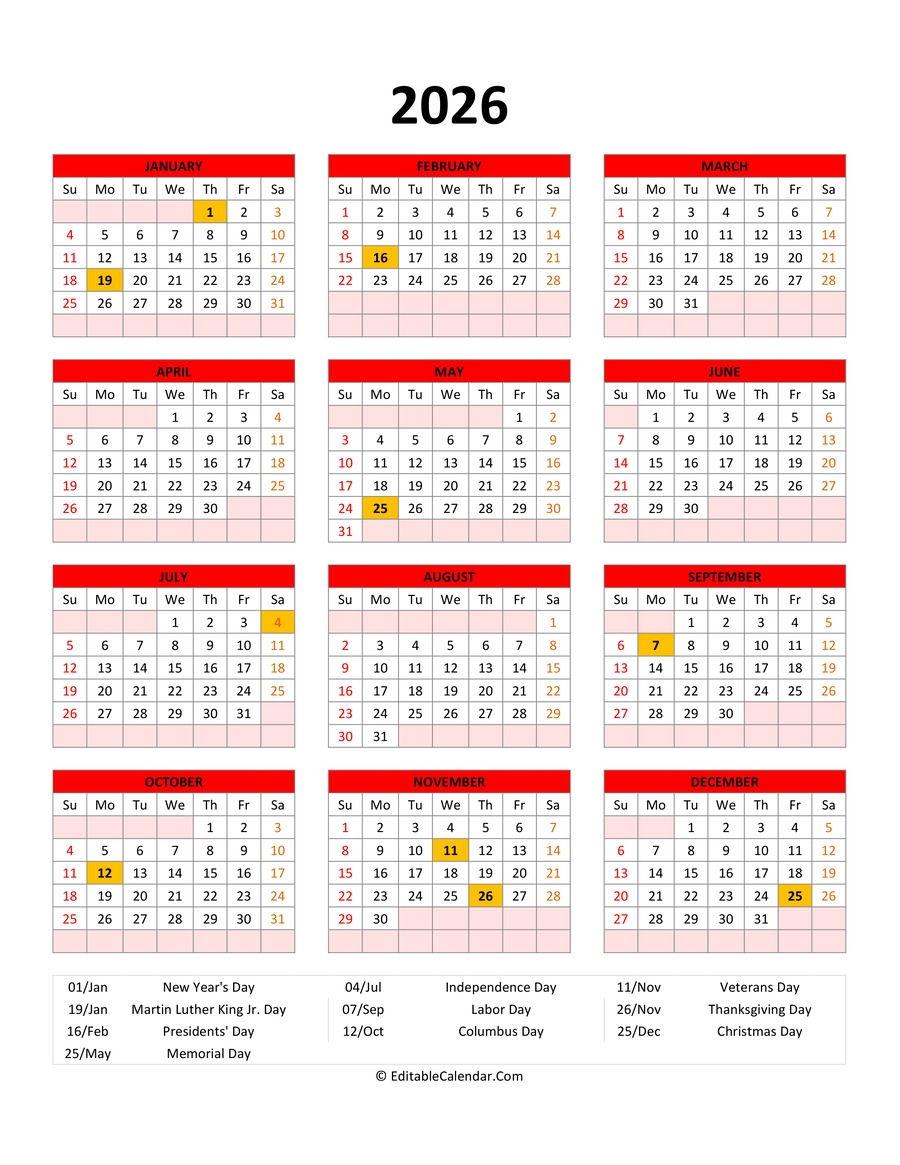 Editable 2026 Calendar With With Holidays