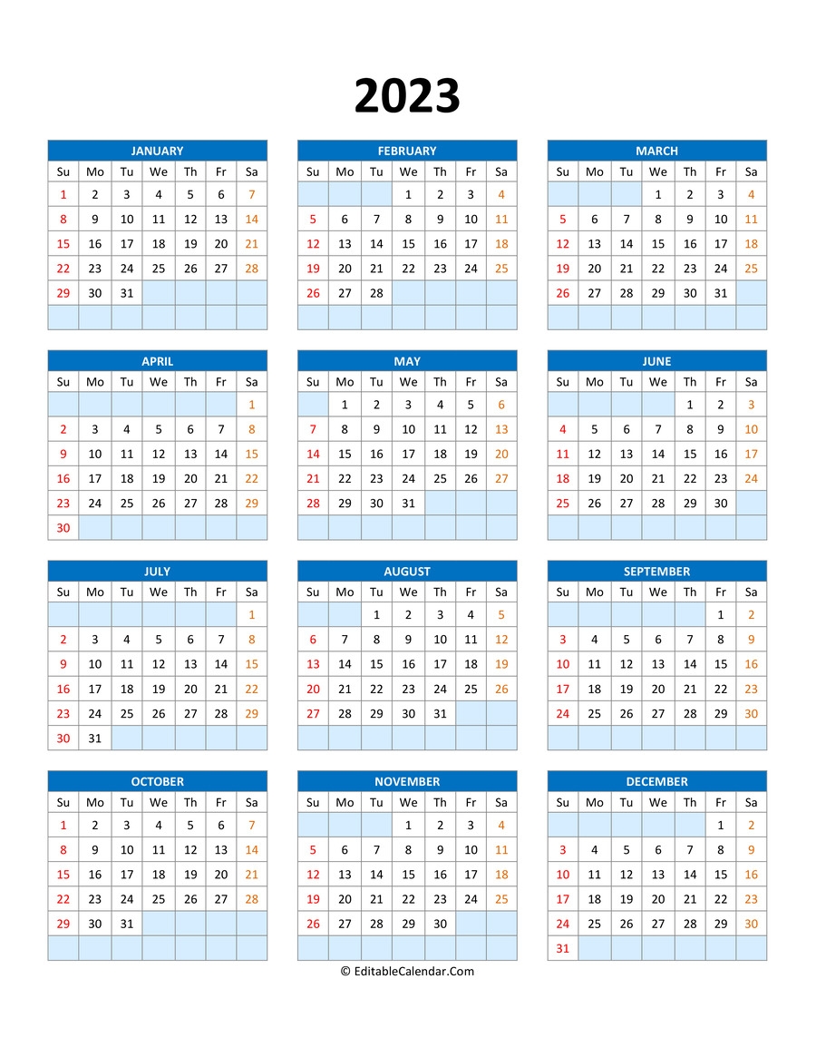 Editable Calendar Template 2023