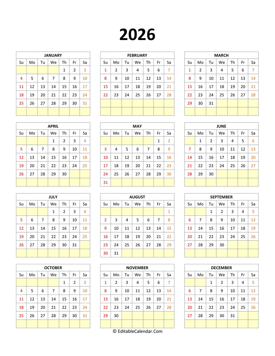 Printable Calendar 2026 Editable