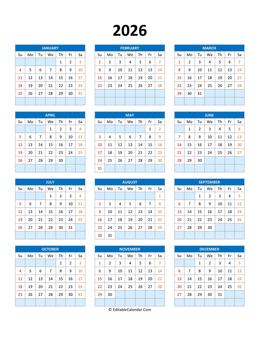 Editable Calendar Template 2026