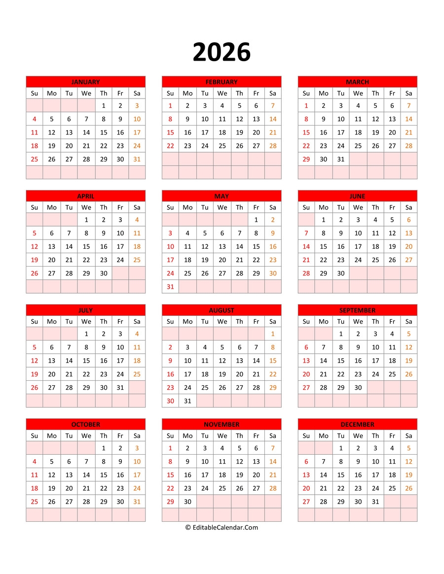 Editable Calendar Template 2026