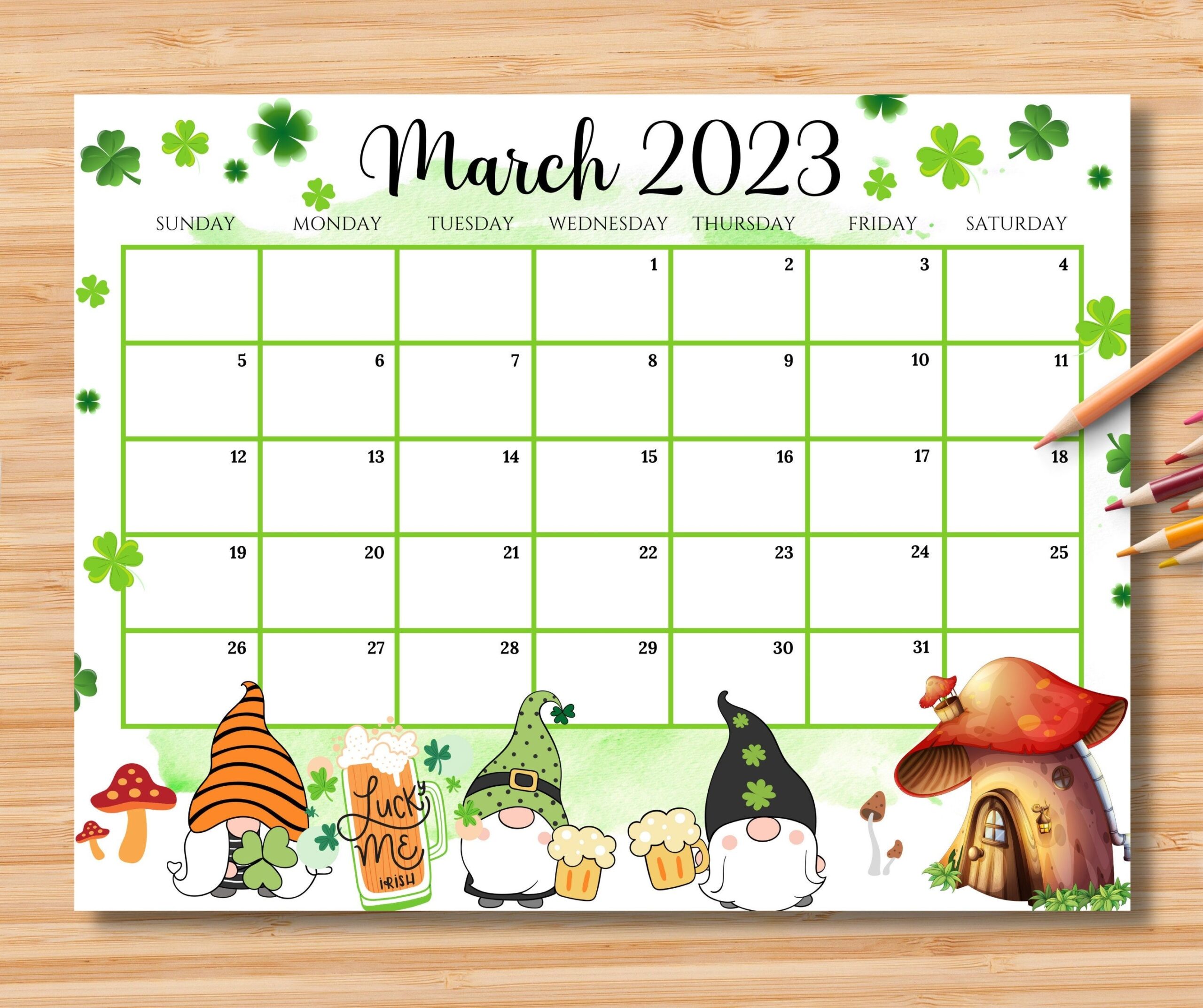 EDITABLE March 2023 Calendar Happy St Patrick S Day With Cute Gnomes