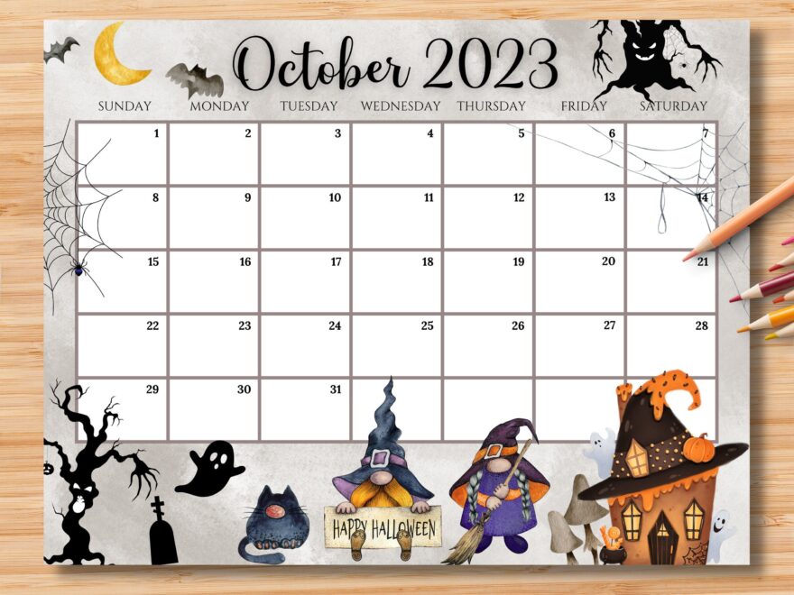 EDITABLE October 2024 Calendar Happy Halloween With Cute Gnomes
