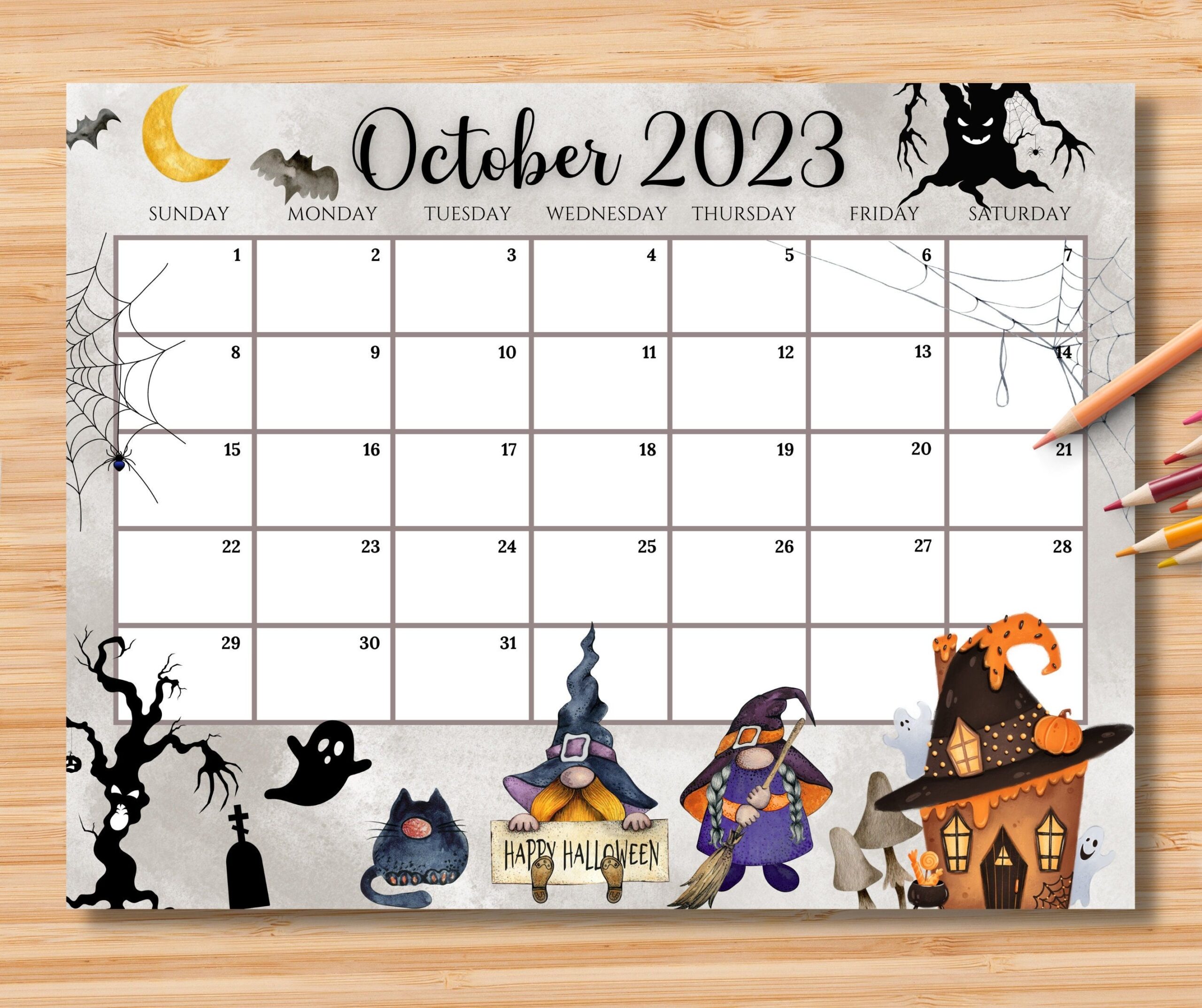 EDITABLE October 2024 Calendar Happy Halloween With Cute Gnomes