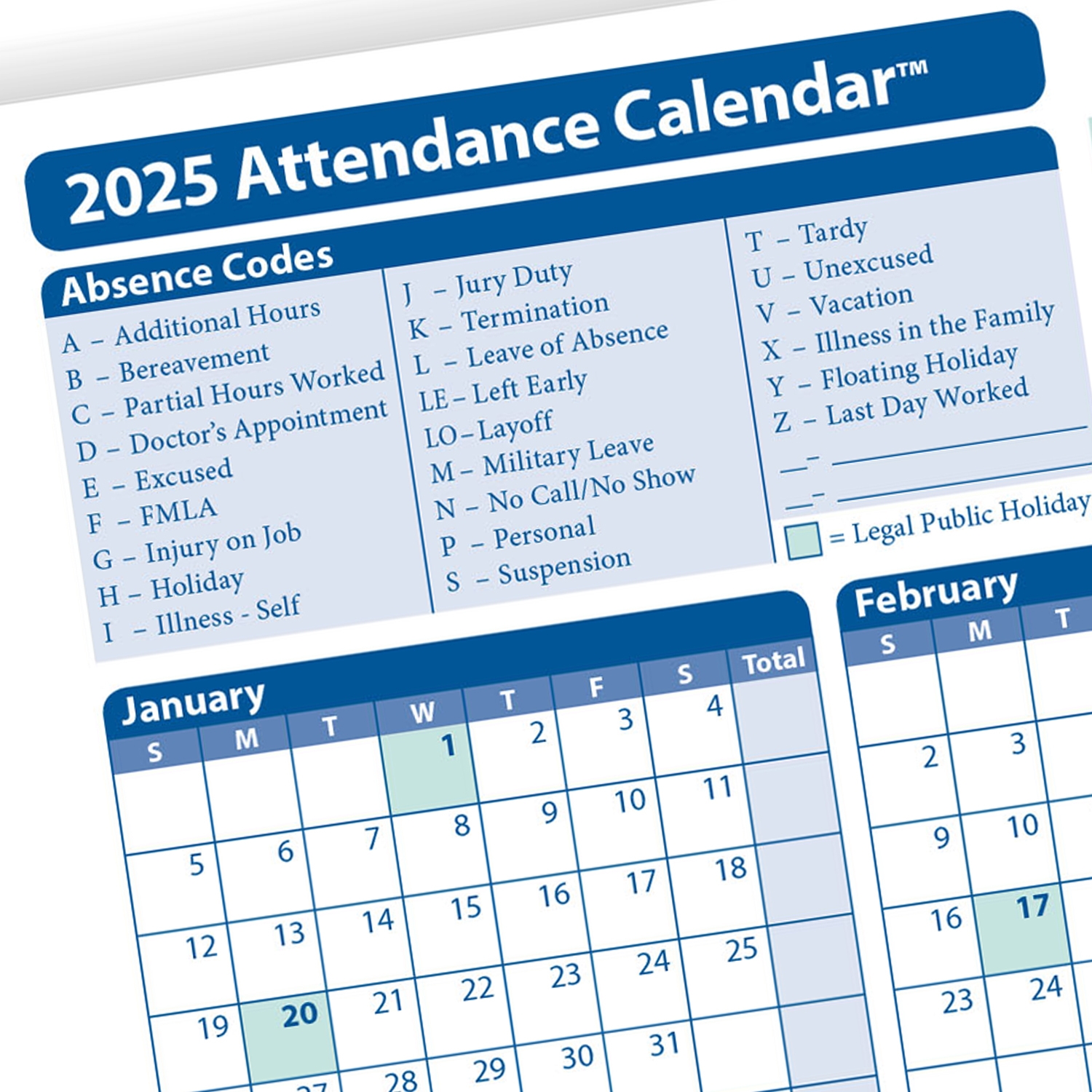 Printable Employee Attendance Calendar 2026