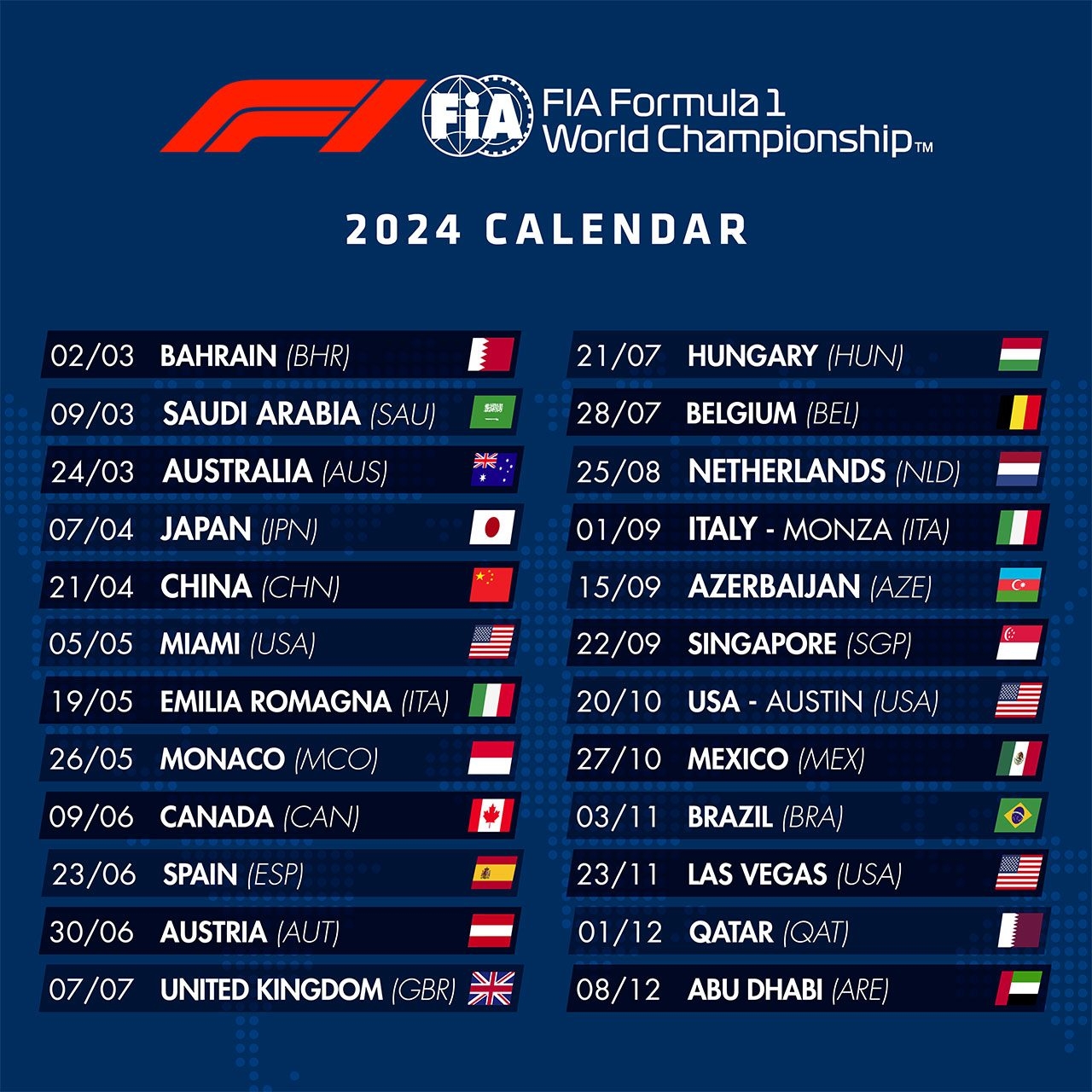 Printable F1 Calendar 2026